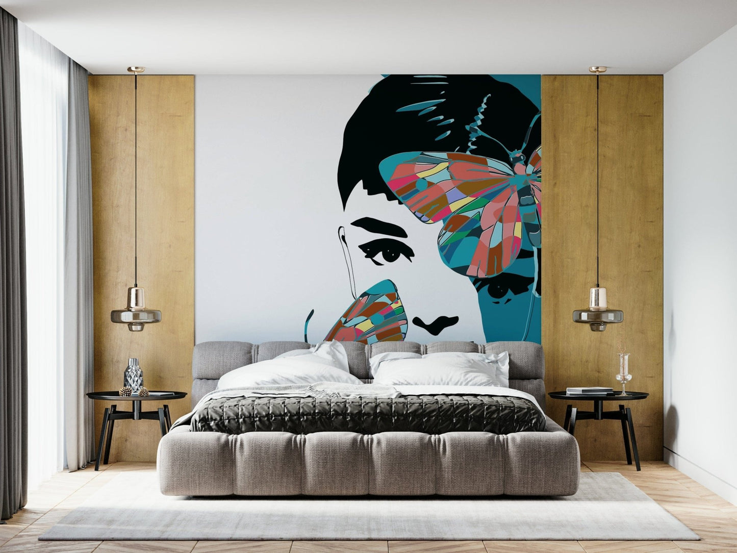 Butterfly Muse Wall Mural wallpaper mural in a bright living room.