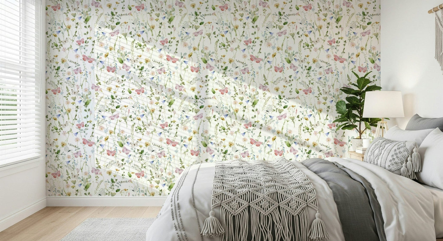 Hand-painted Butterfly Wildflowers Meadow design for wall.