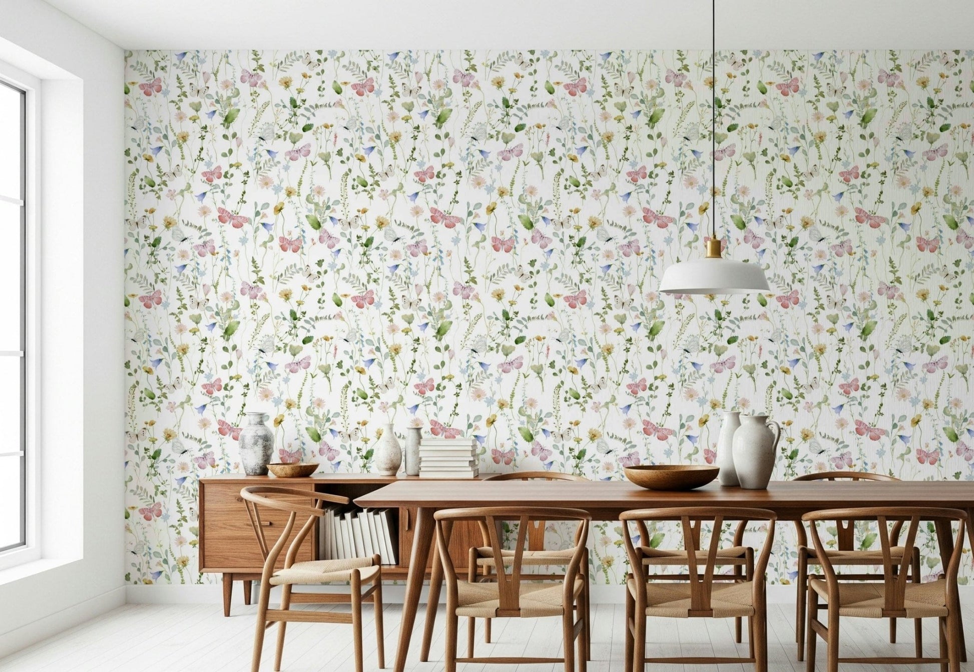 Pastel wildflower sketch wallpaper accent wall mural.