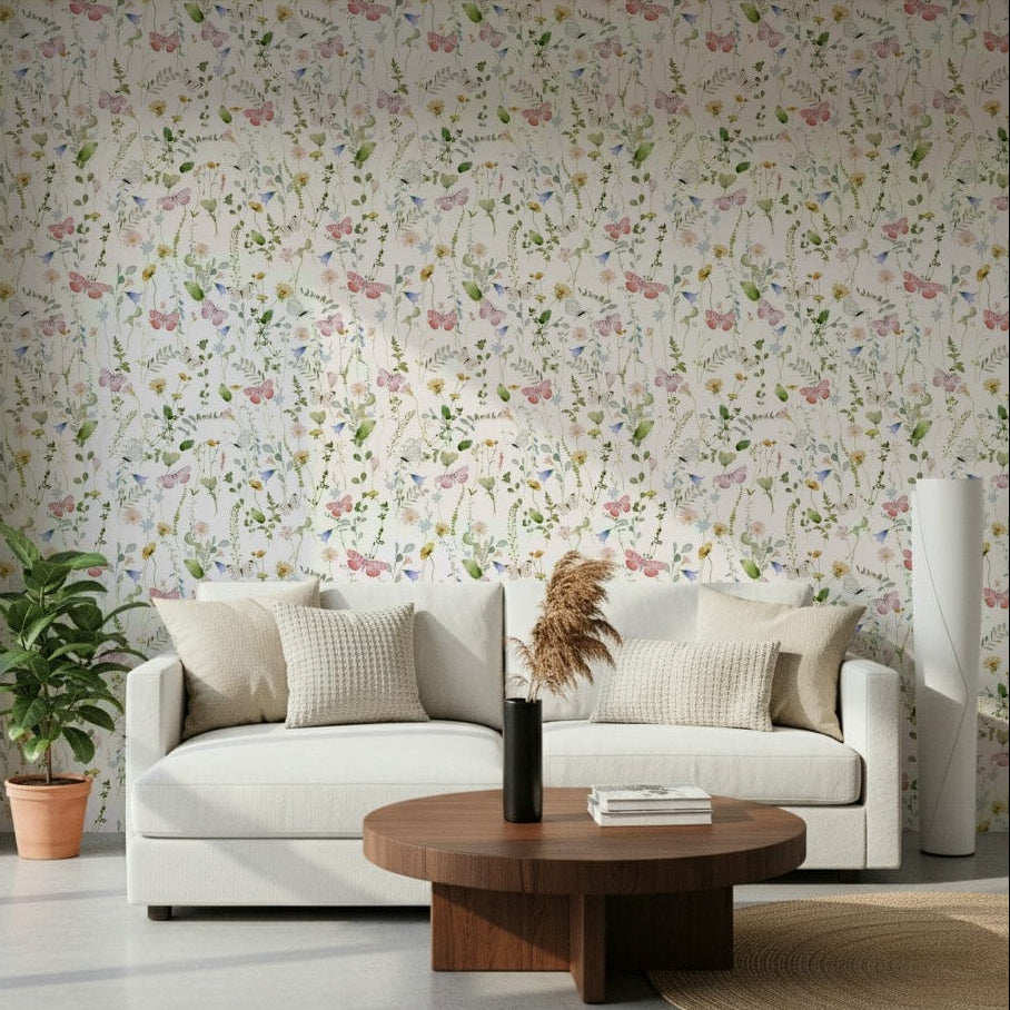 Butterfly Wildflowers Meadow botanical wallpaper mural seamless repeat.