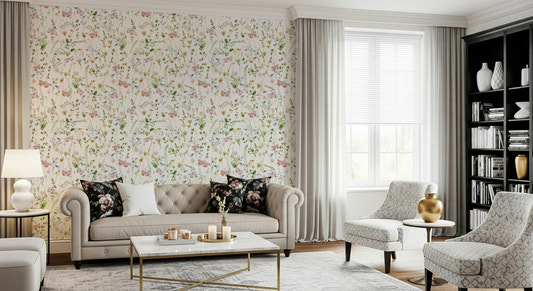 Butterfly Wildflowers Meadow wallpaper, pastel nature wall decor.