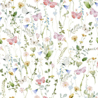 Rustic meadow flowers and butterfly motif wallcovering.