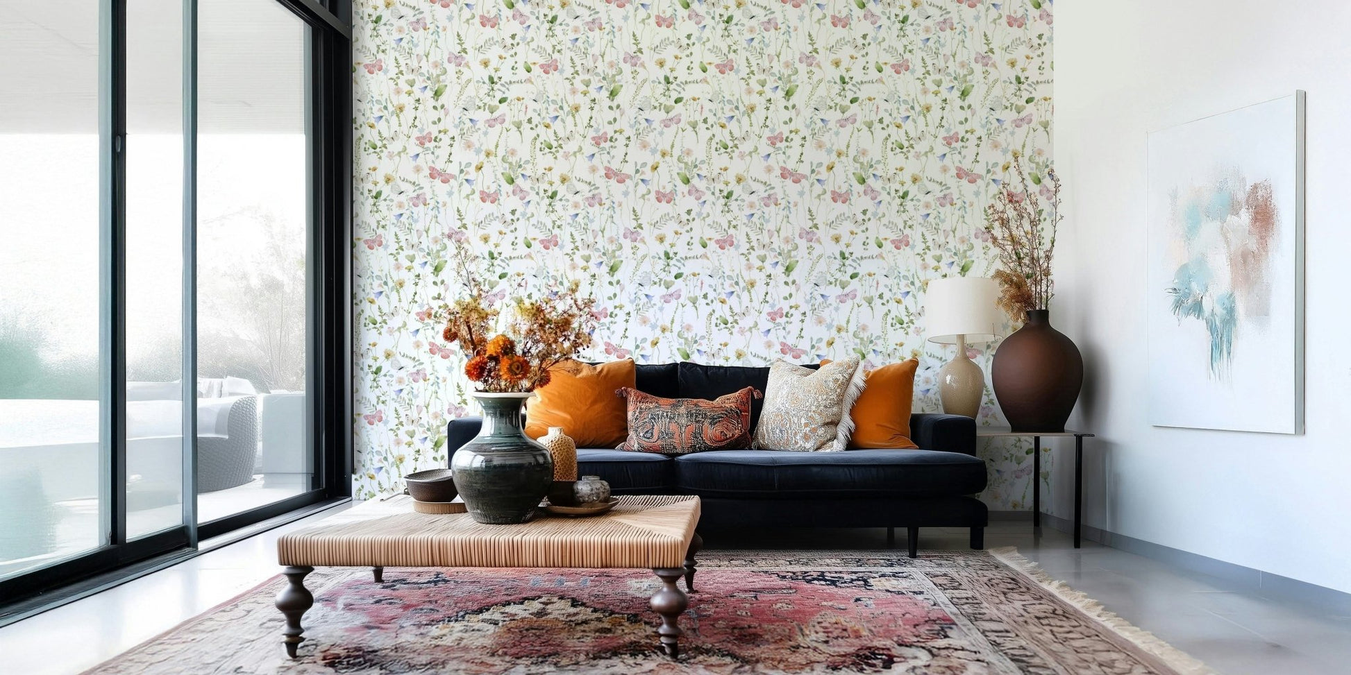 Soft wildflowers and butterflies pattern wallcovering.