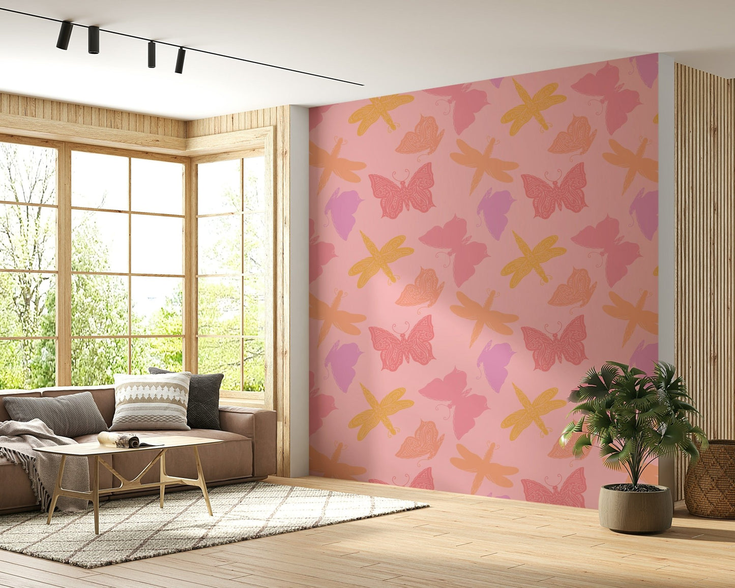 Whimsical Butterfly Wings & Dragonflies mural, a pink fantastical display now.