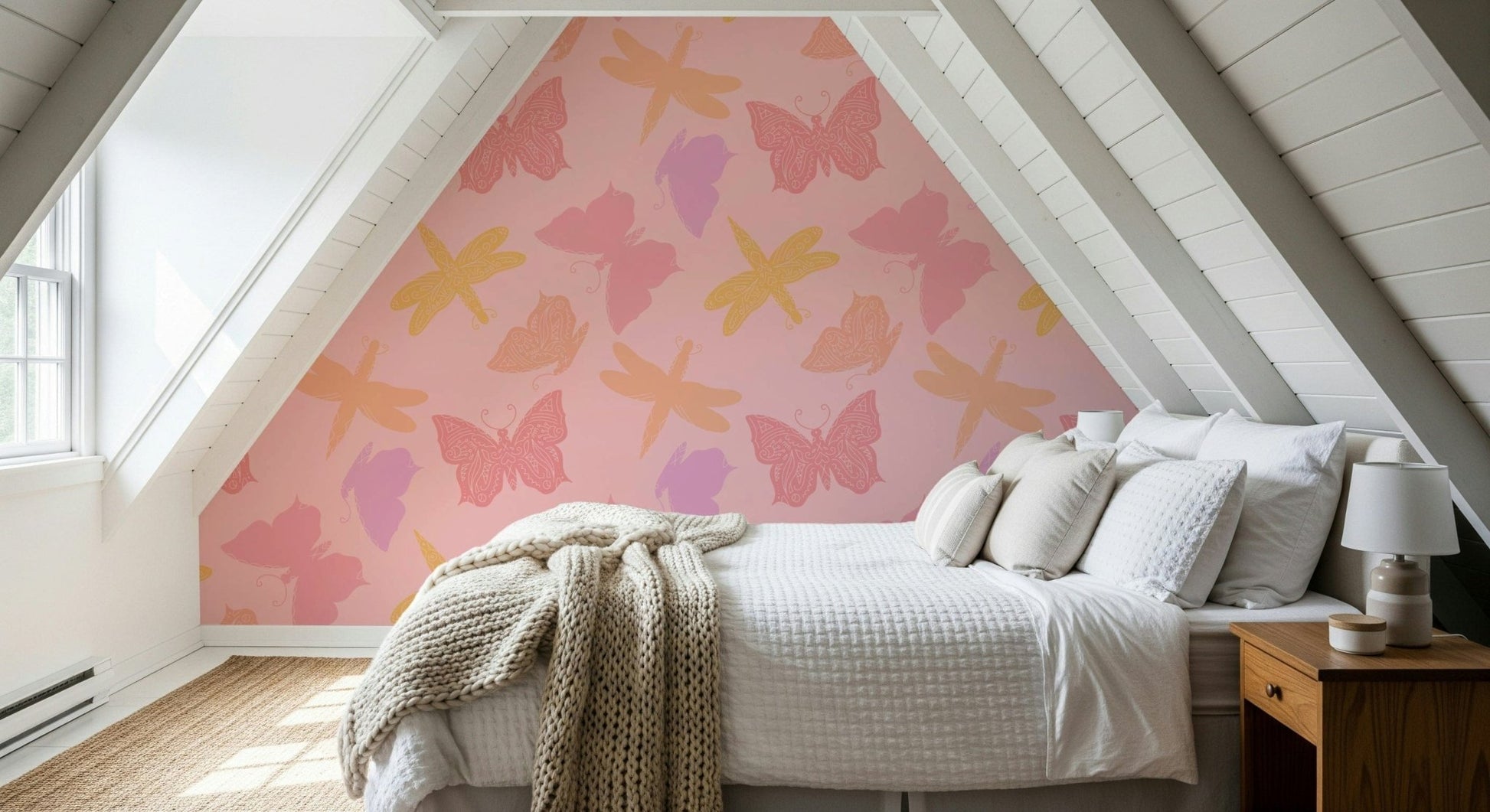 Surreal Butterfly Wings & Dragonflies wallpaper, dreamy pink psychedelic style.