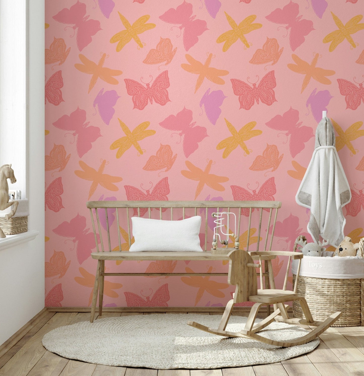 Vivid Butterfly Wings & Dragonflies wall mural of gossamer insects, pinkish.