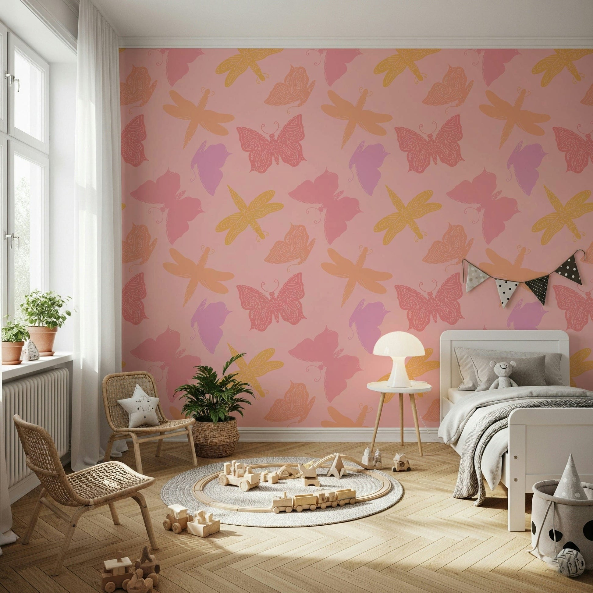 Flamboyant Butterfly Wings & Dragonflies wallpaper, exotic pink glamour.