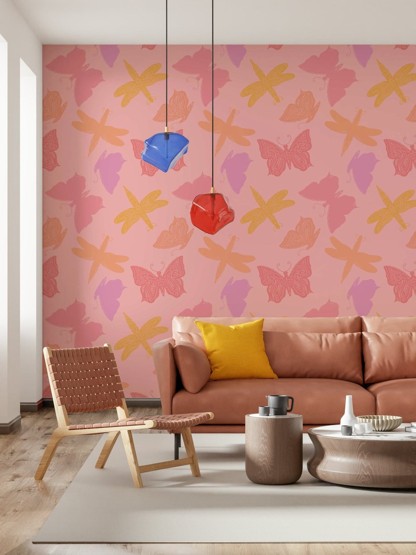 Idiosyncratic Butterfly Wings & Dragonflies wall mural, pink distinctive novelty.