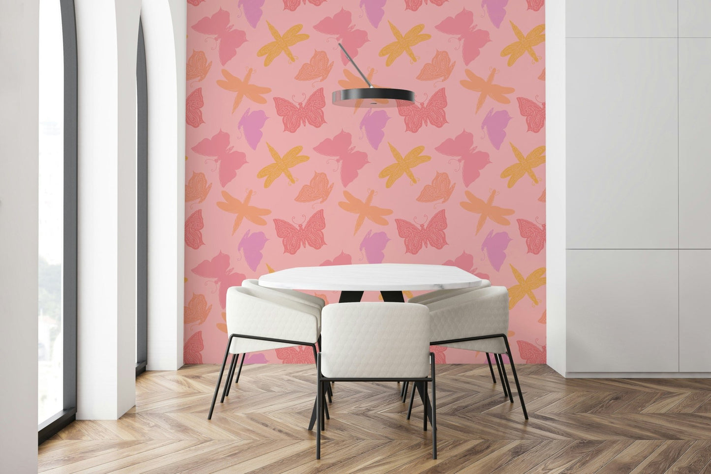 Bespoke Butterfly Wings & Dragonflies mural for walls, pink crafted essence.
