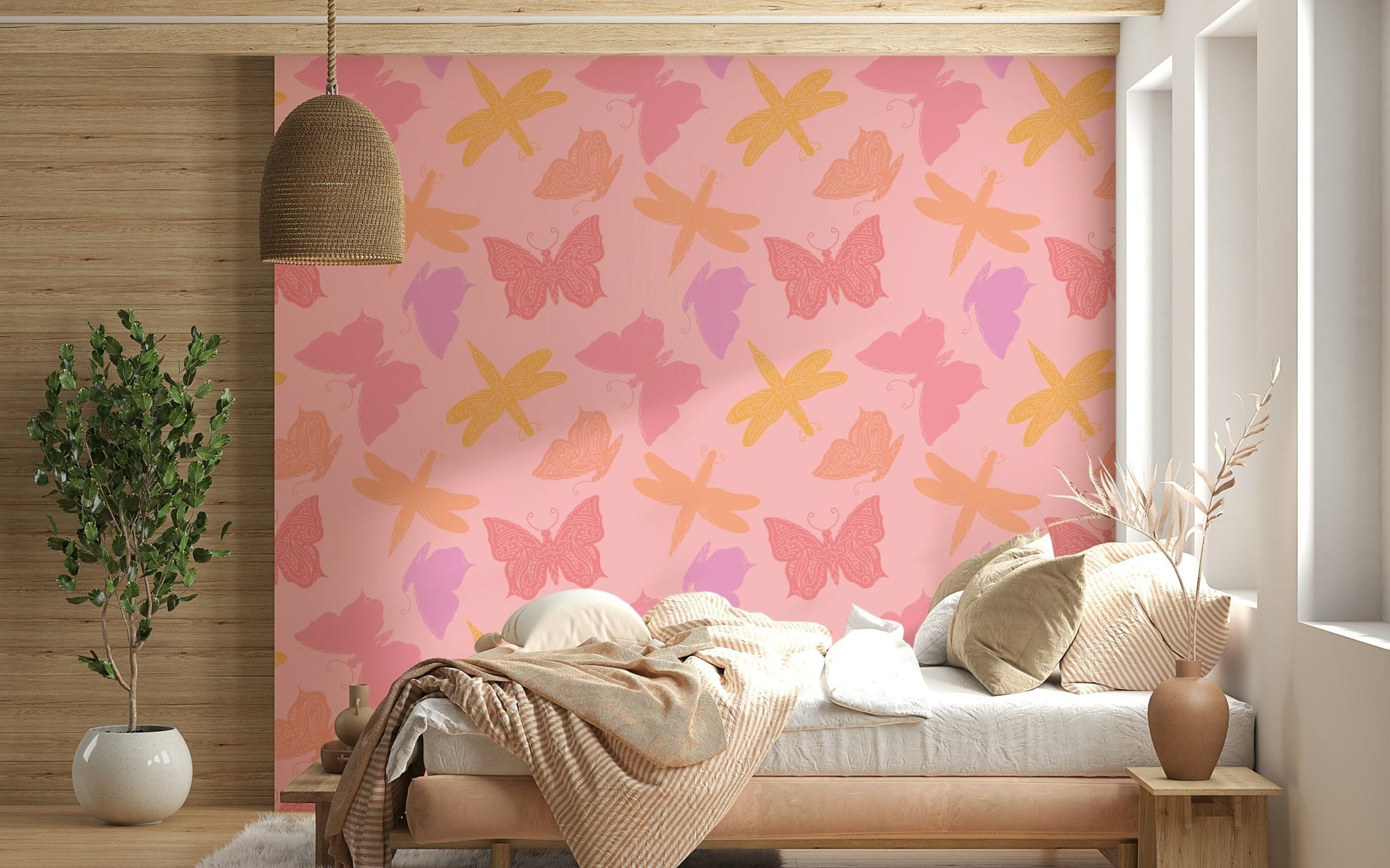 Outlandish Butterfly Wings & Dragonflies mural, uncommon pink unusual theme.