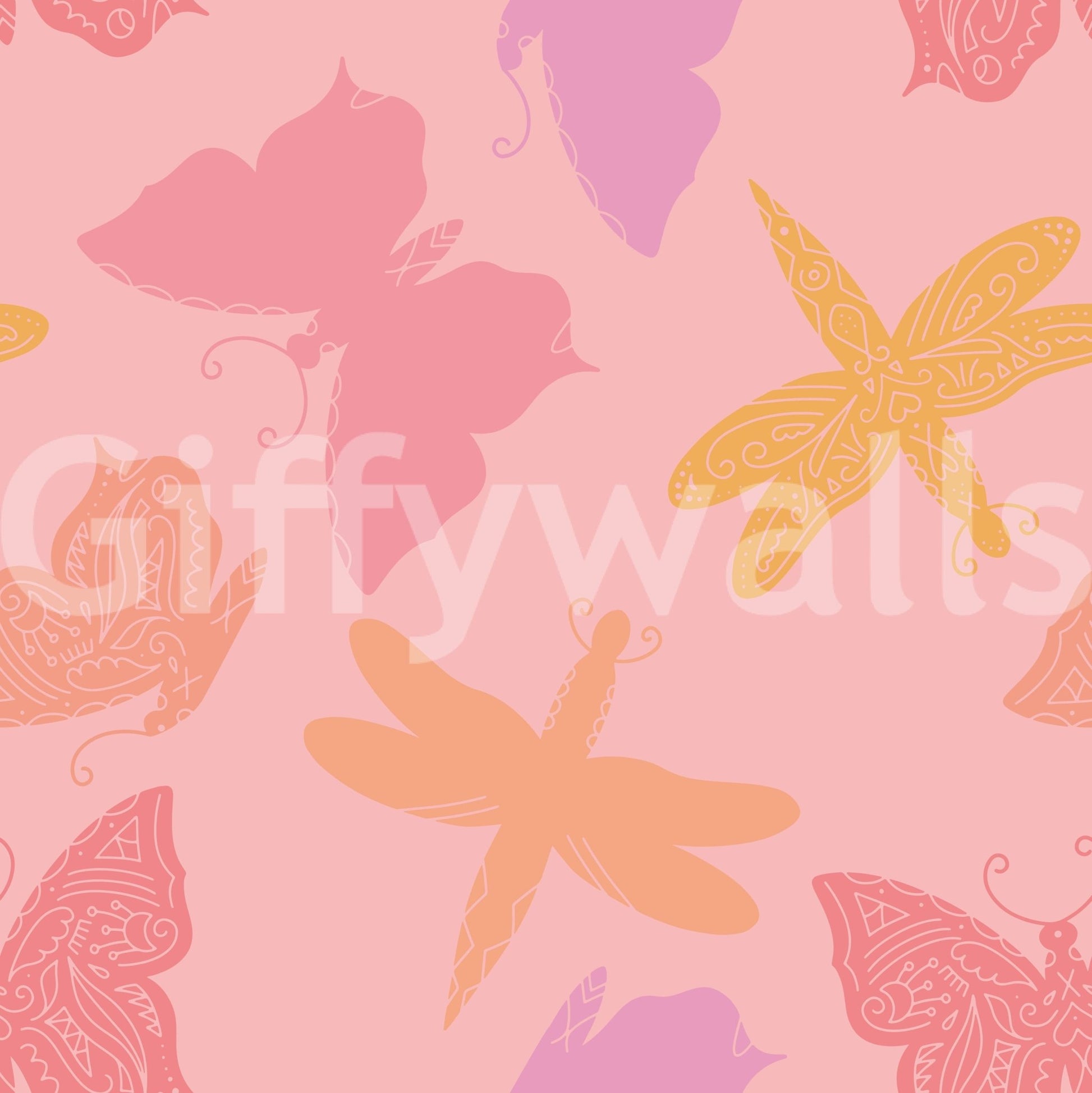 Curious Butterfly Wings wallpaper with Dragonflies, pink curio design.