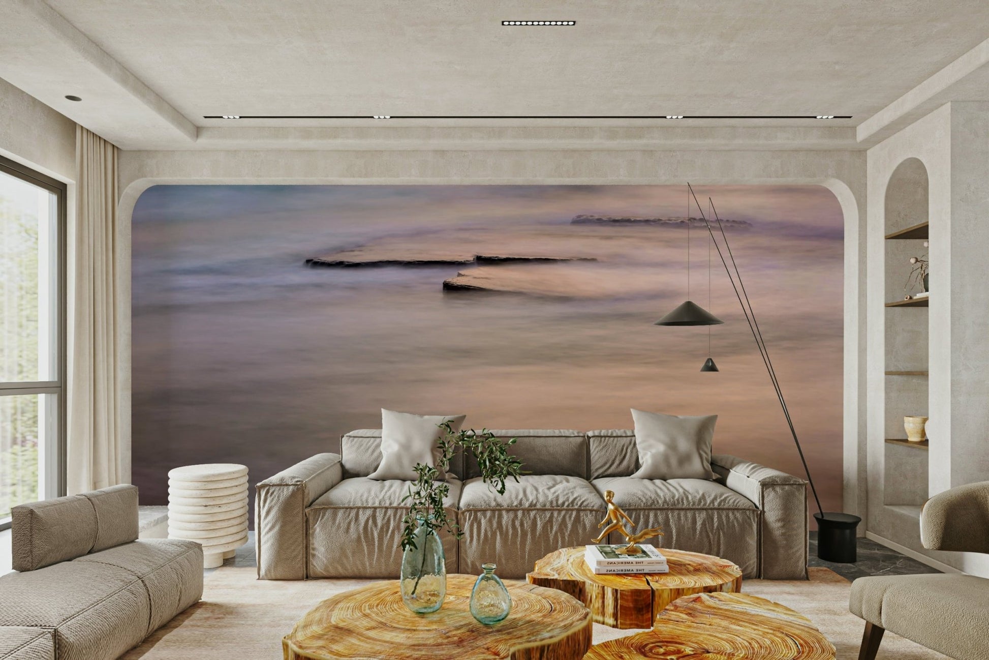A peaceful seaside view mural on decorative wallpaper.

