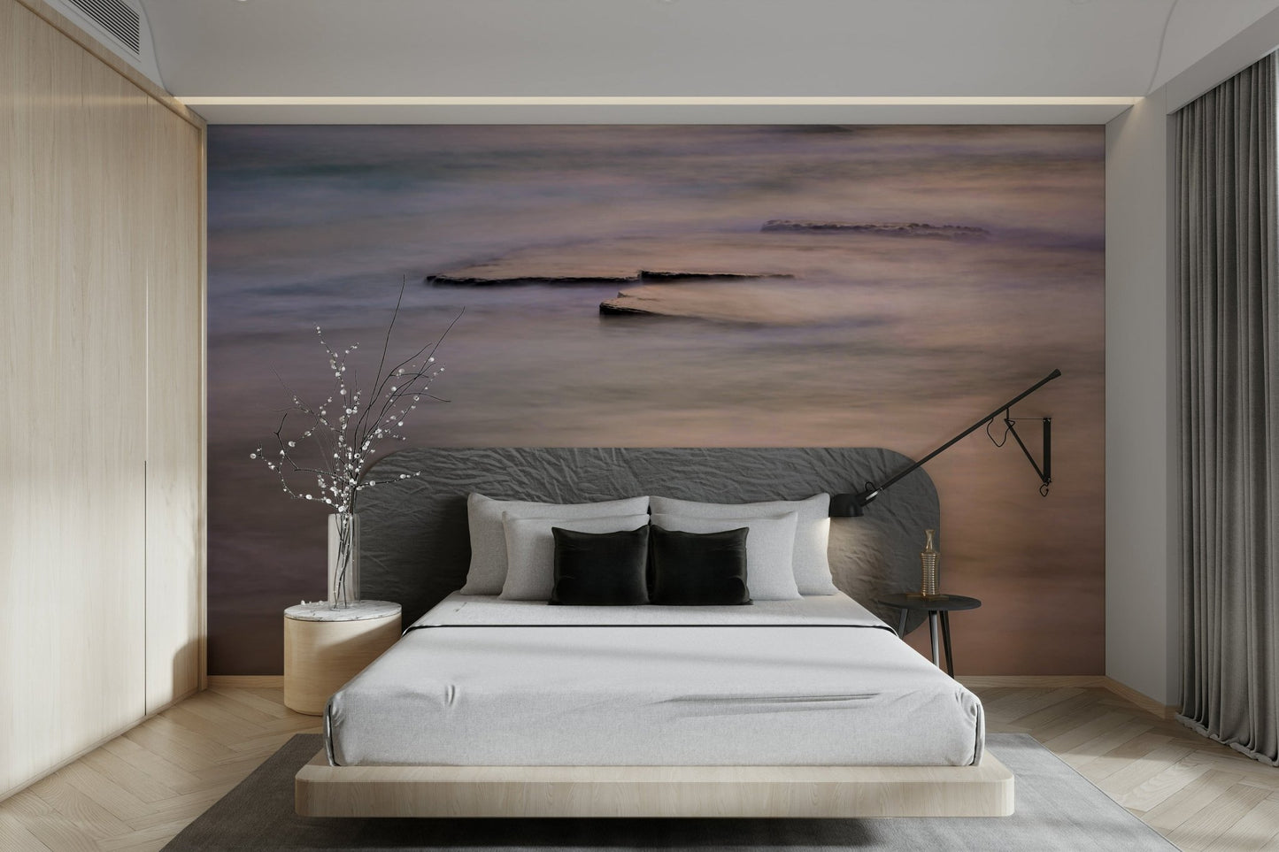 An artistic seaside view mural on minimalist wallpaper.

