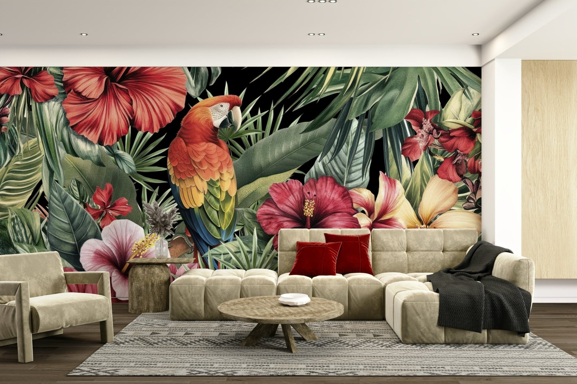 Hand-drawn hibiscus and foliage wall mural

