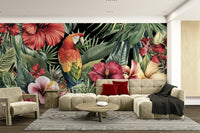 Hand-drawn hibiscus and foliage wall mural

