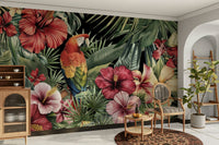 Vintage parrot mural wallpaper with hibiscus flowers


