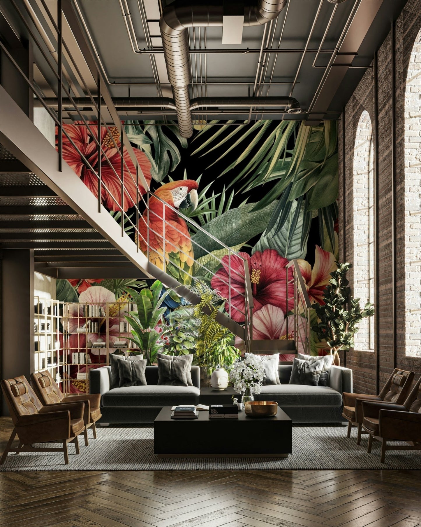 Bright bird and floral wallpaper for interiors

