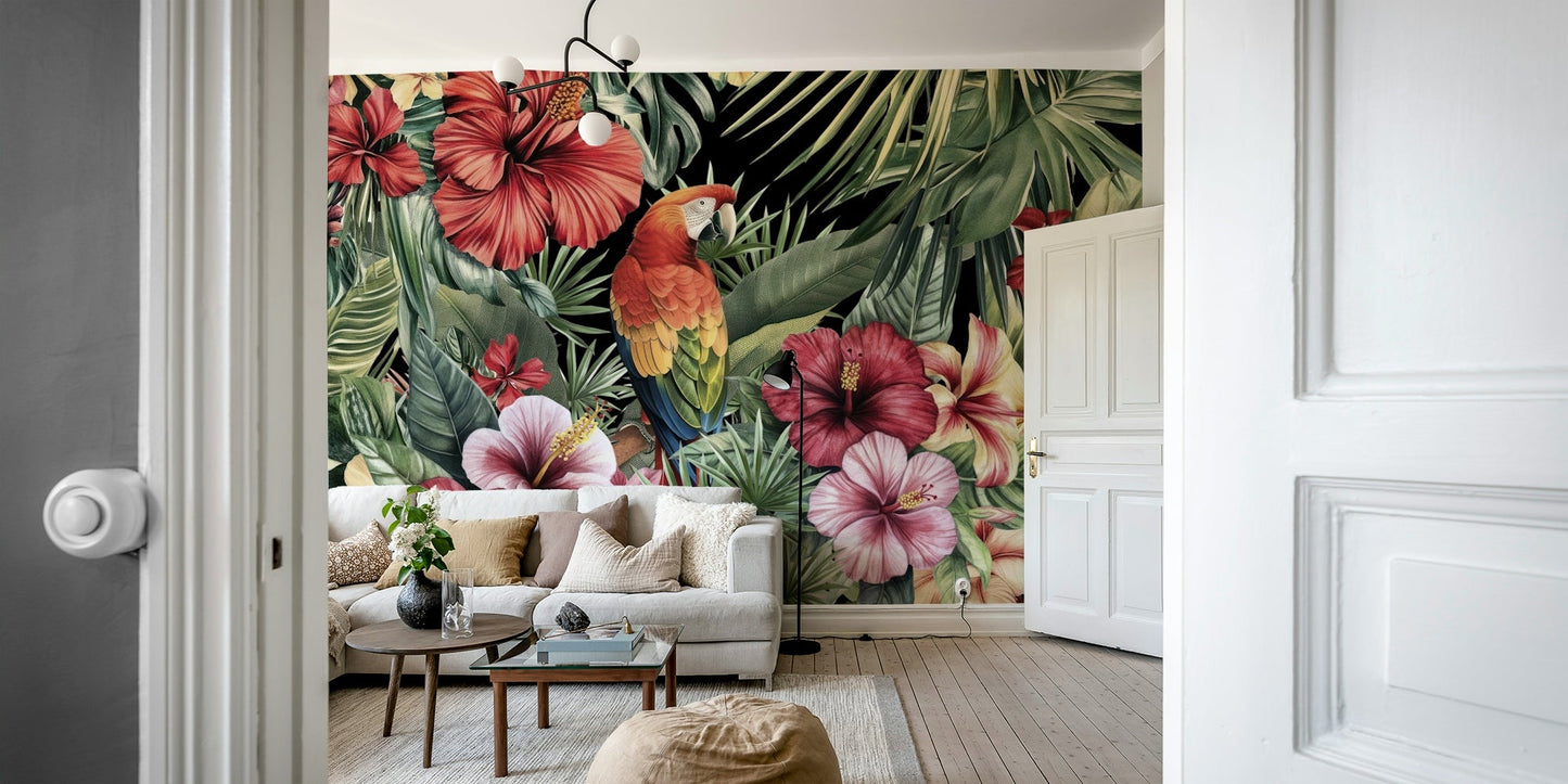 Black background mural with lush island vibe


