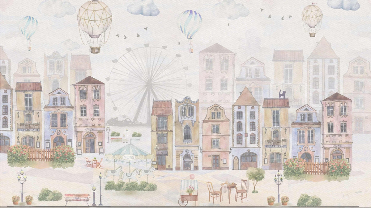 Watercolor Old City Kids Wallpaper in your room — zoomed
