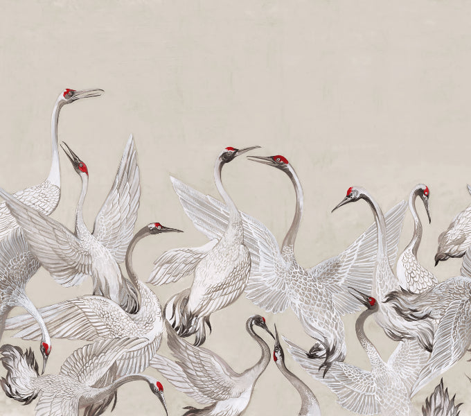 Crane Dance Wallpaper Mural in your room — zoomed