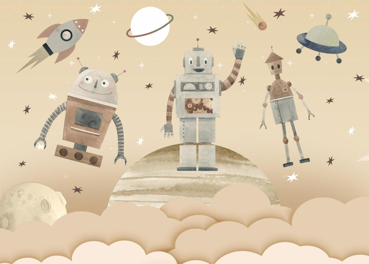 Cosmic Robots Wall Mural in your room — zoomed