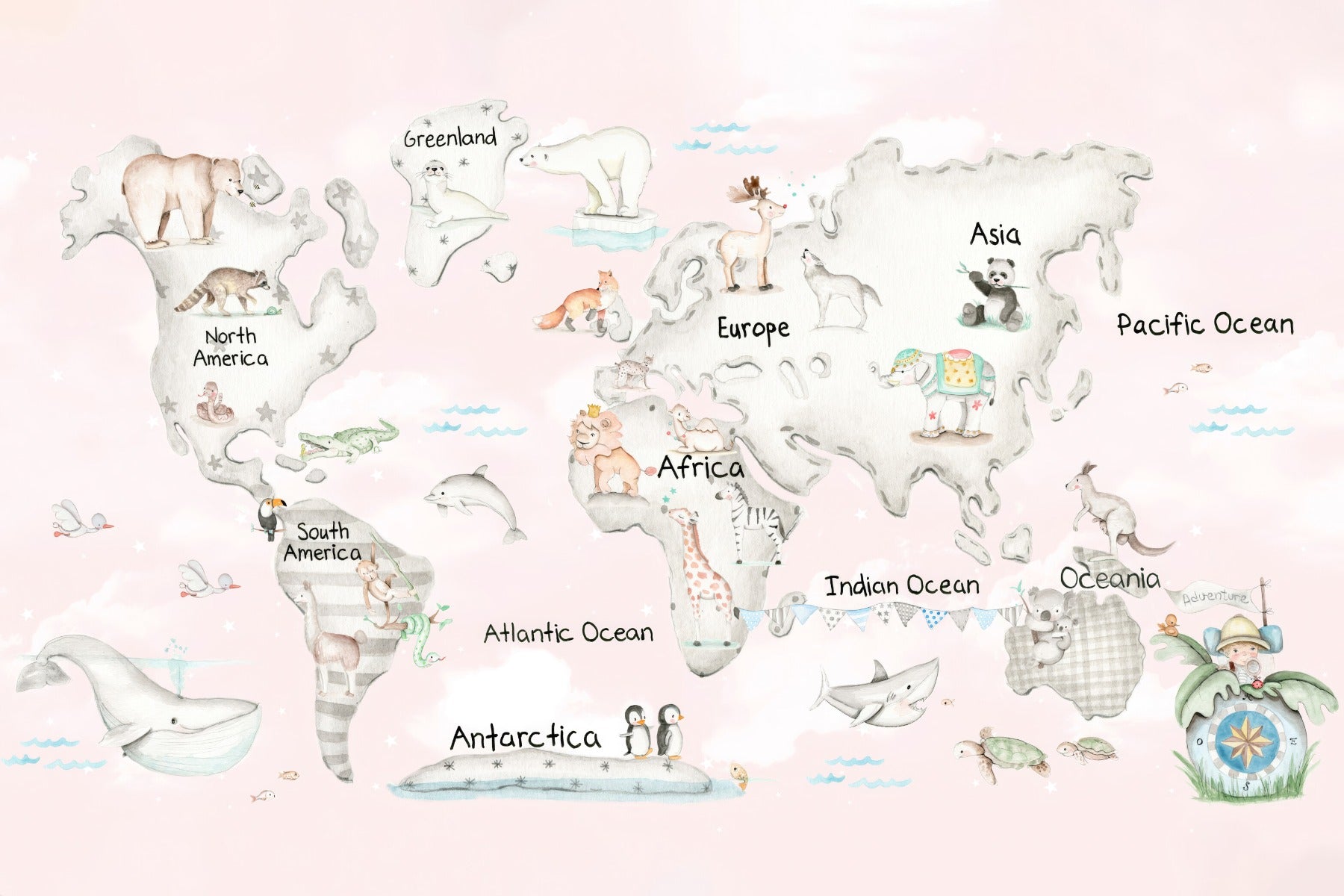 Cuddly Creatures Atlas Mural