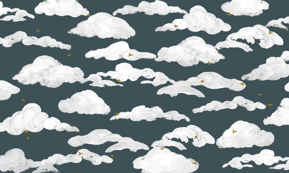 Blue White Clouds Wall Mural in your room — zoomed