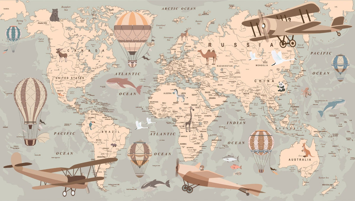 Vintage Aeronautical World Mural in your room — zoomed