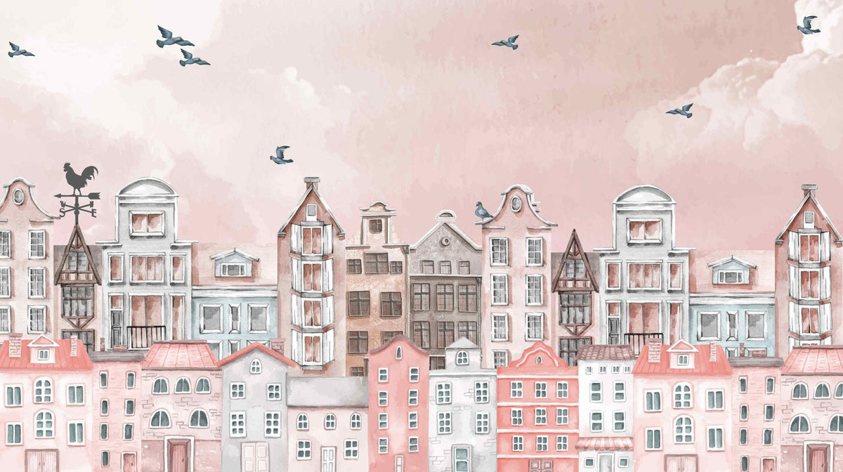 Sunset Blush Town Mural in your room — zoomed