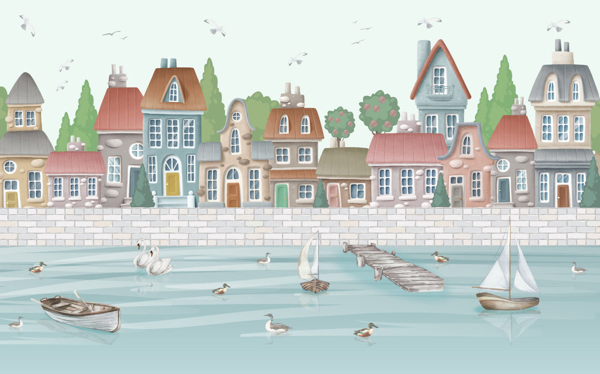 Waterfront City Wall Mural in your room — zoomed