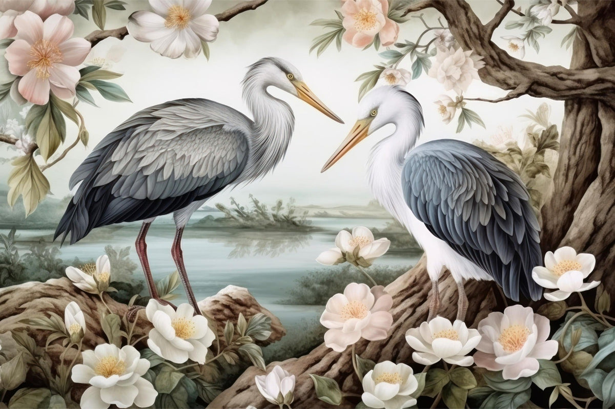 Serene Heron Lake Wall Mural in your room — zoomed