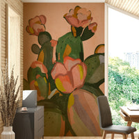 Living room accent with abstract cactus wallpaper

