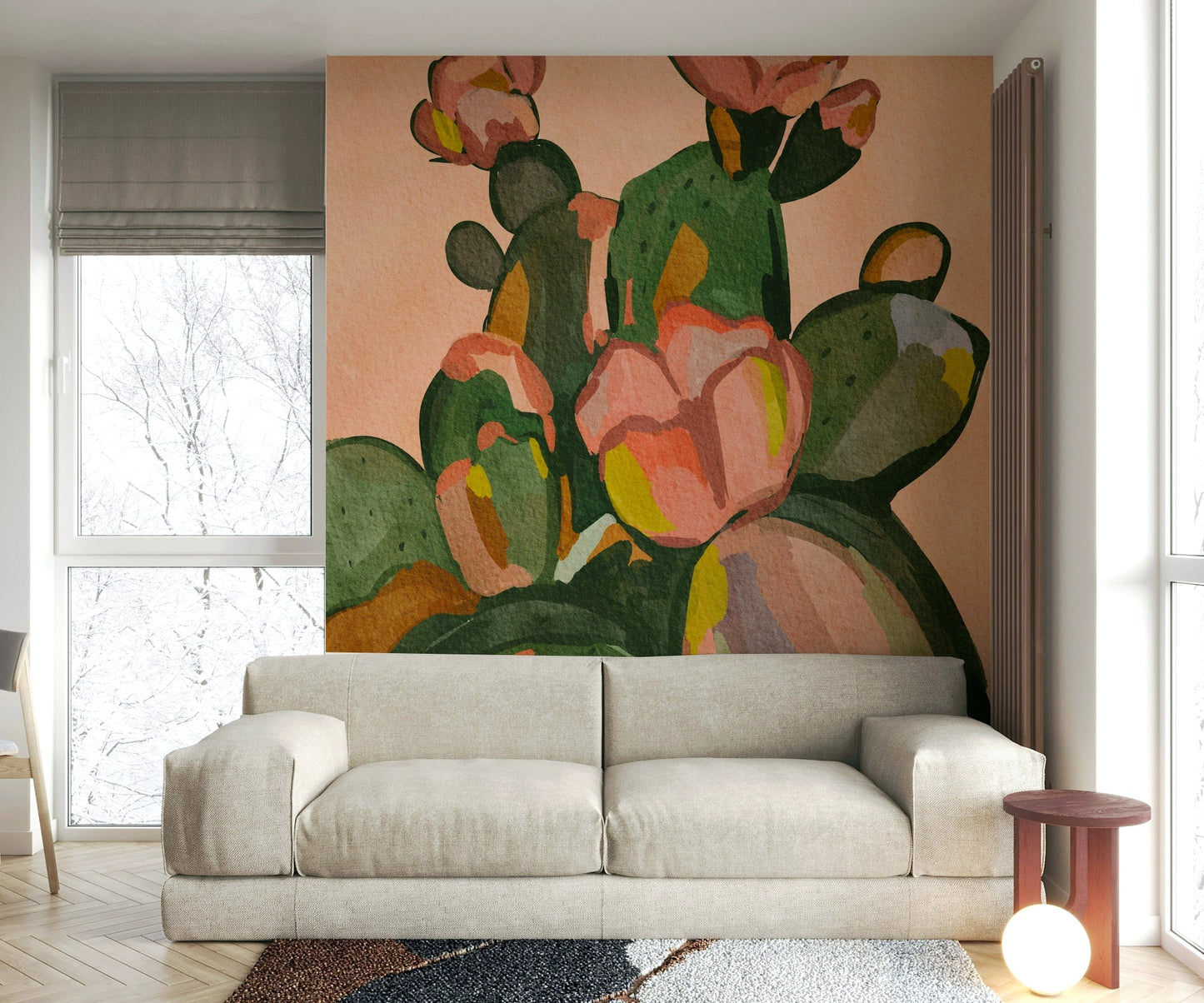 Wall mural featuring stylized cactus blossoms

