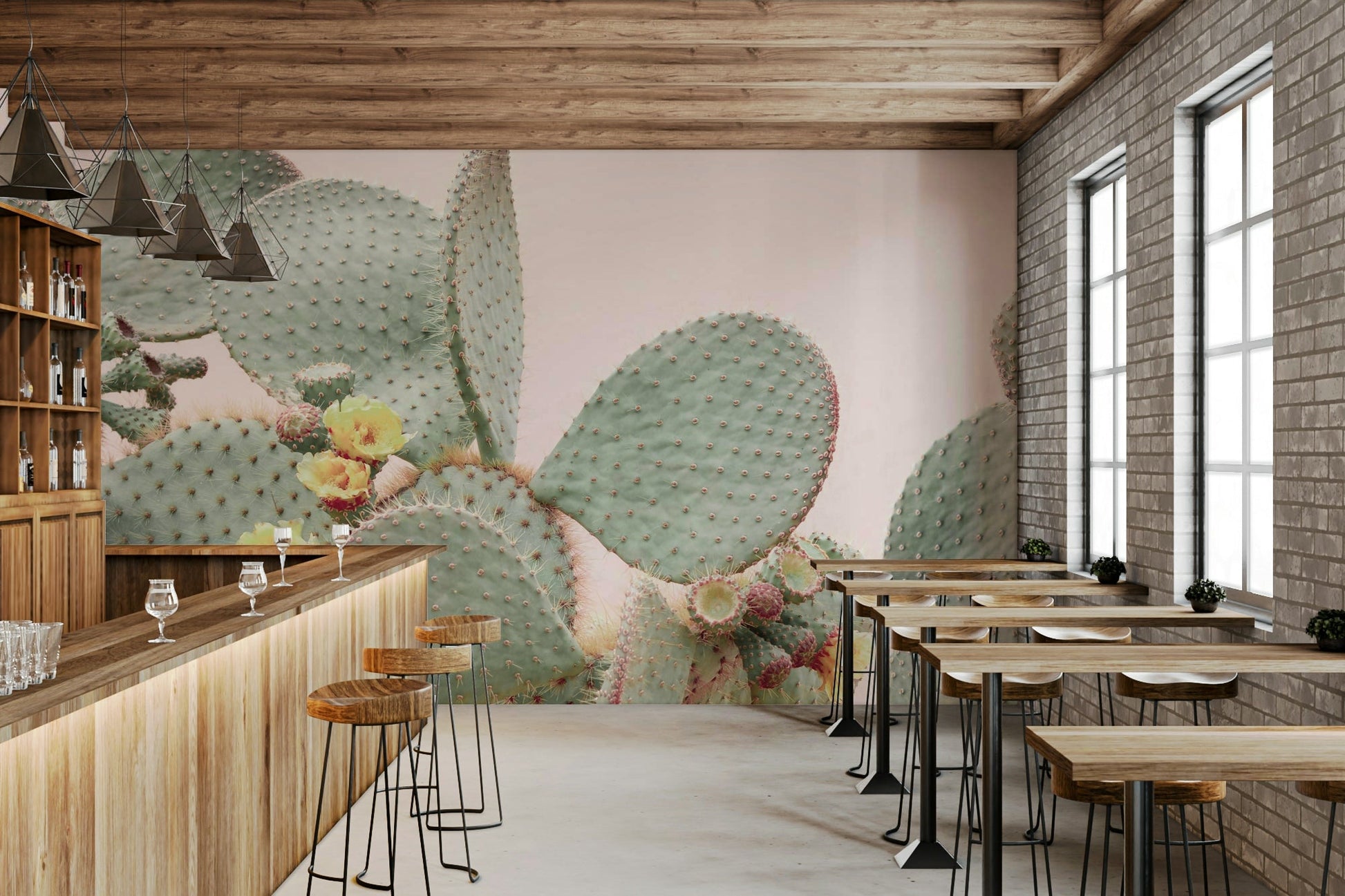 Watercolor-style cactus blossom mural for soft decor

