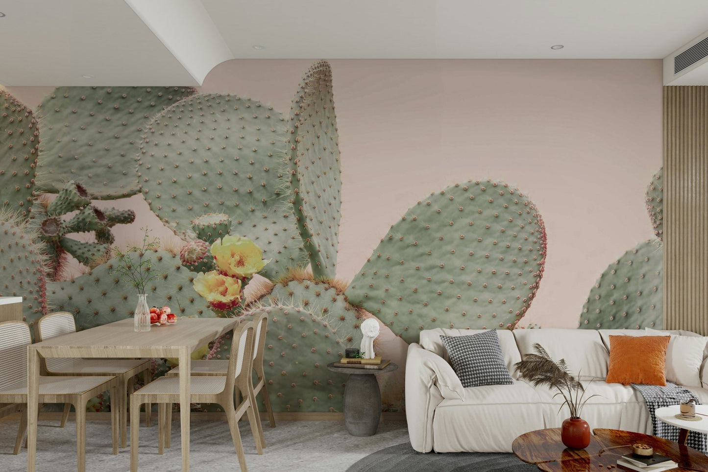 Artistic desert mural with blossoming cactus plants

