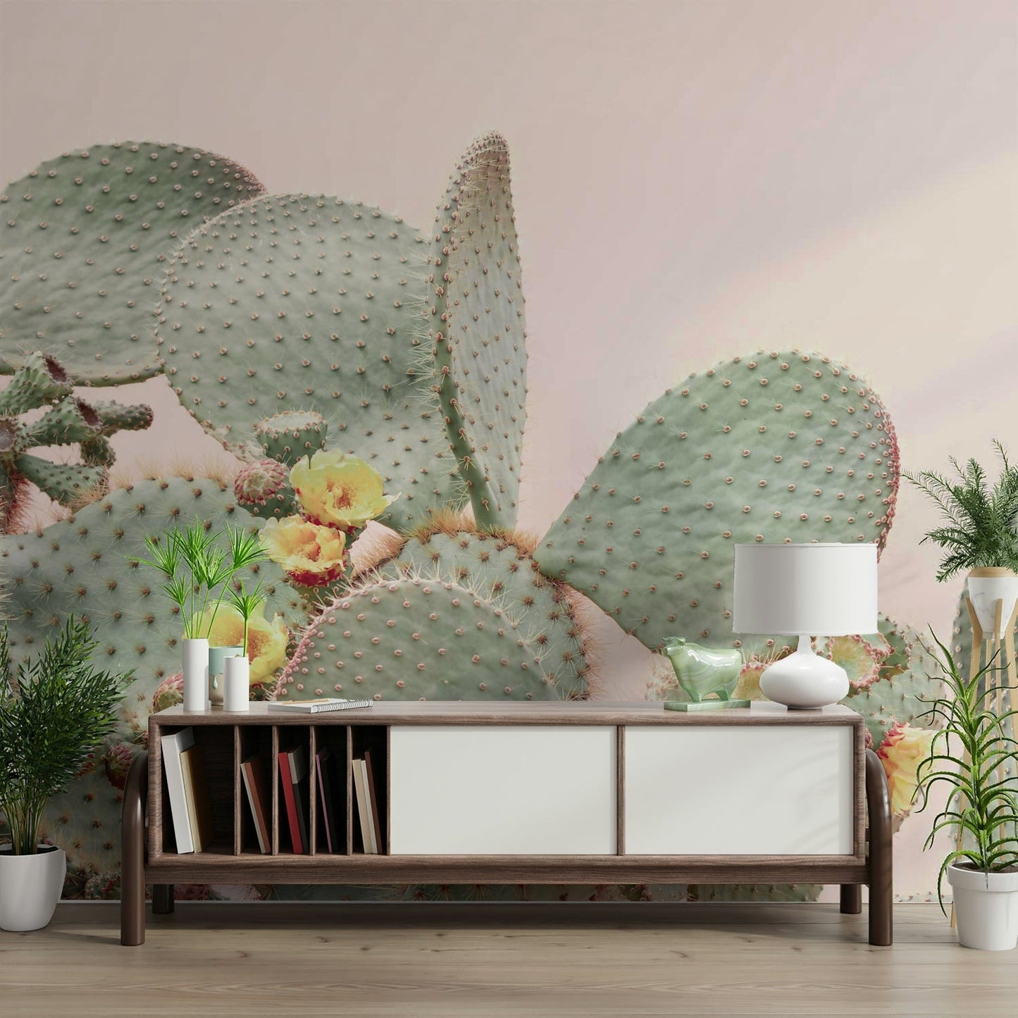 Soft mural design featuring blooming desert cacti

