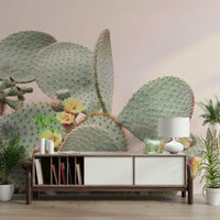 Soft mural design featuring blooming desert cacti

