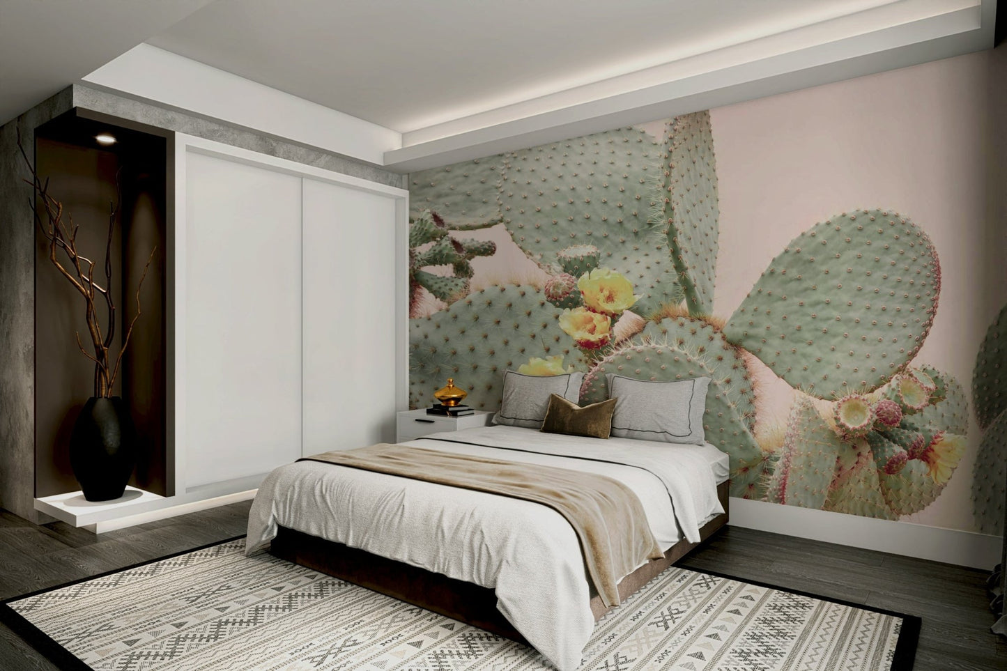 Floral cactus wall mural with pastel color palette

