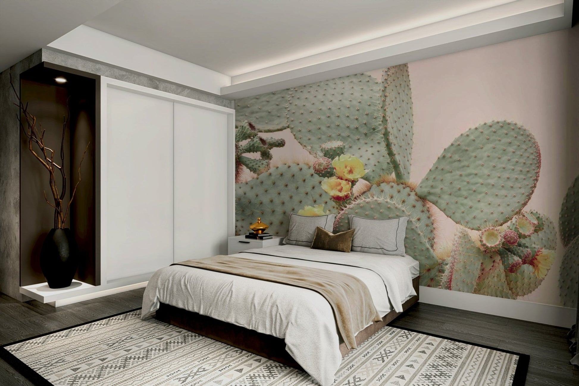 Floral cactus wall mural with pastel color palette

