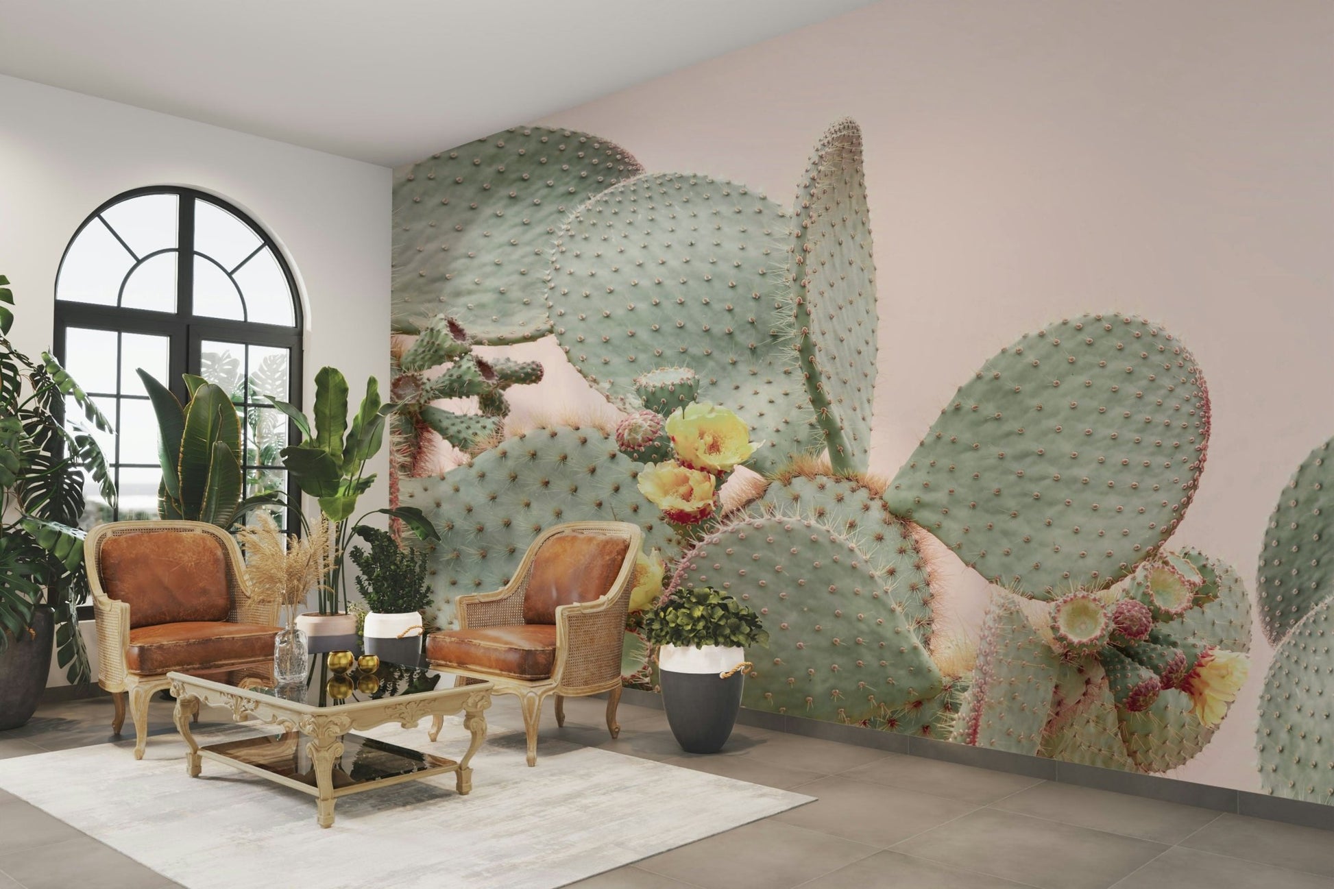 Elegant desert botanical mural with dreamy blossoms

