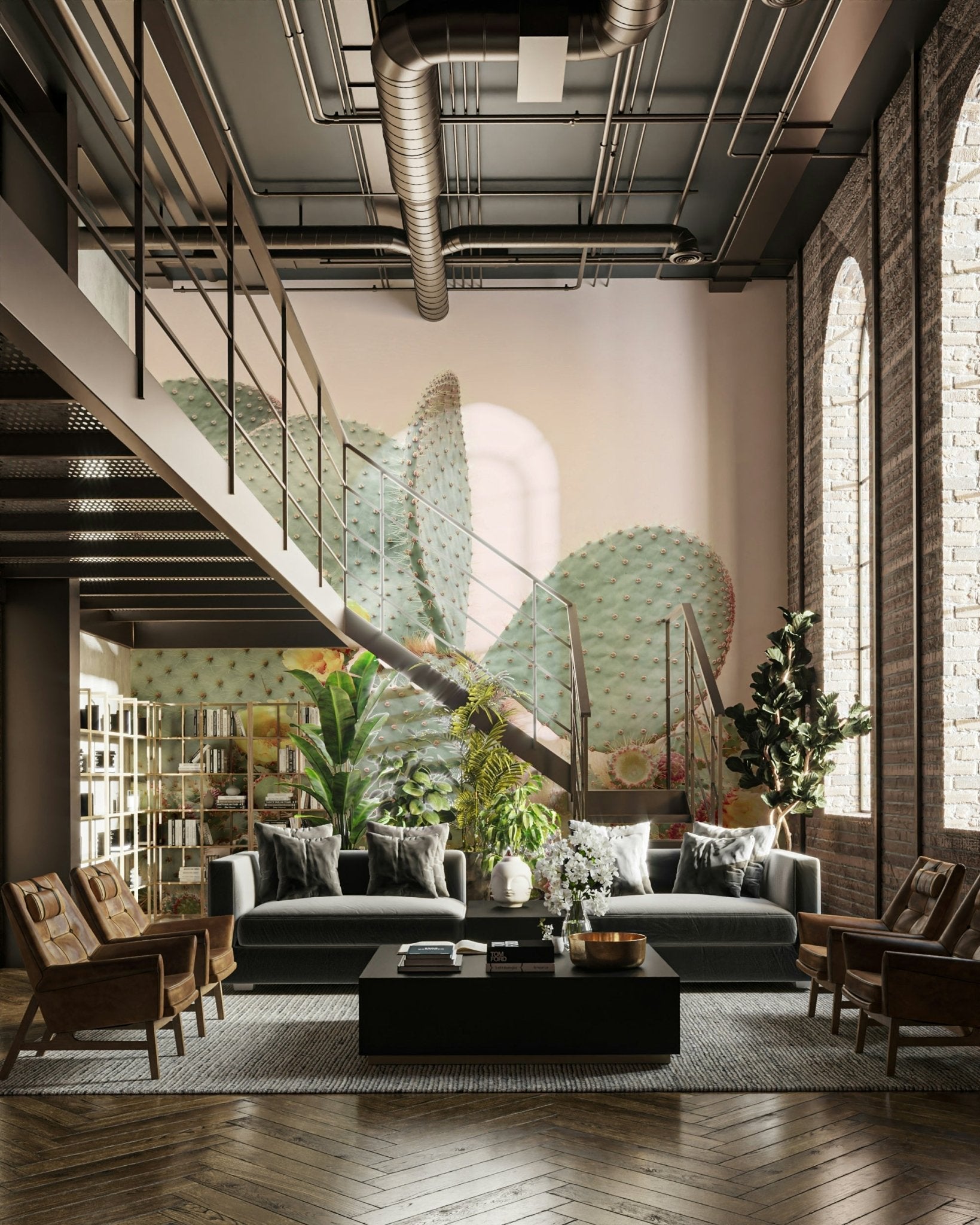 Blooming cactus mural with soft pink and green tones

