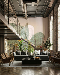 Blooming cactus mural with soft pink and green tones

