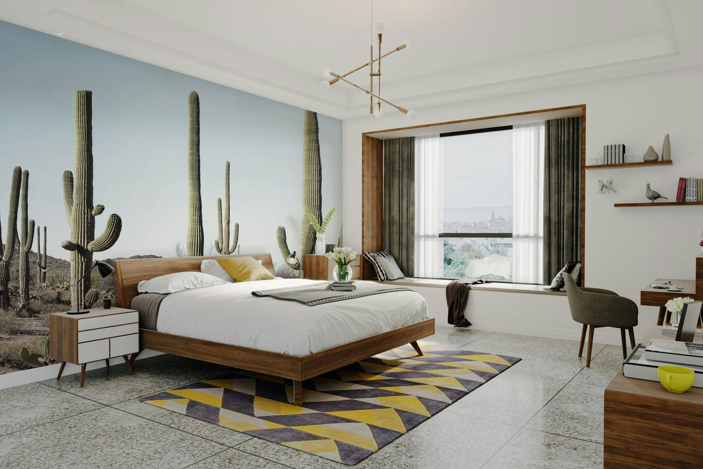 Tranquil desert scene with cacti in wall mural design.

