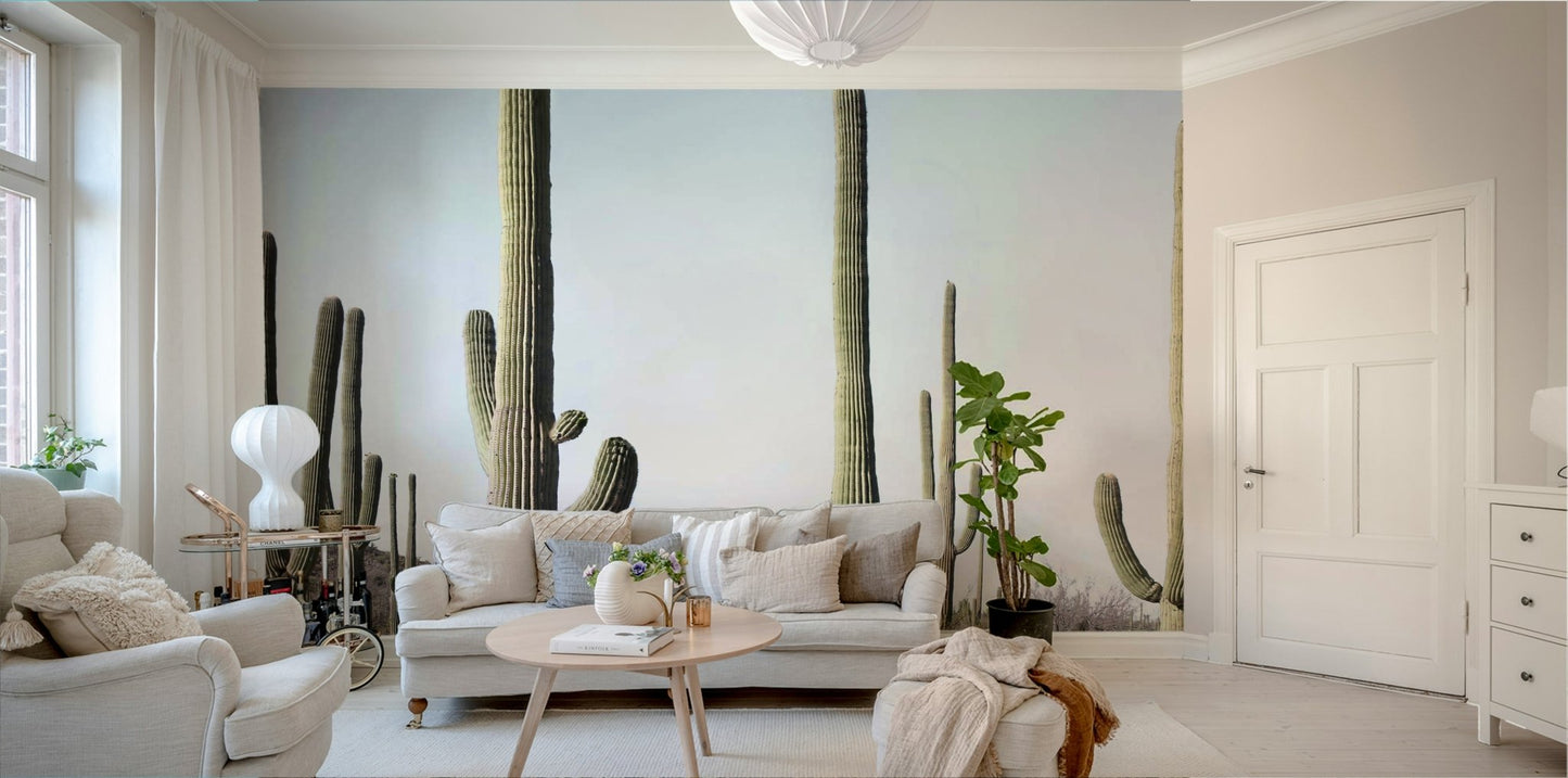 Cactus plants and golden desert hills on wall mural.

