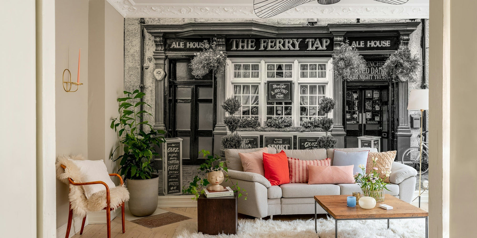 The composition focuses on the symmetrical storefront.

