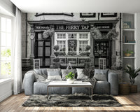 Signs and hanging baskets decorate the front.

