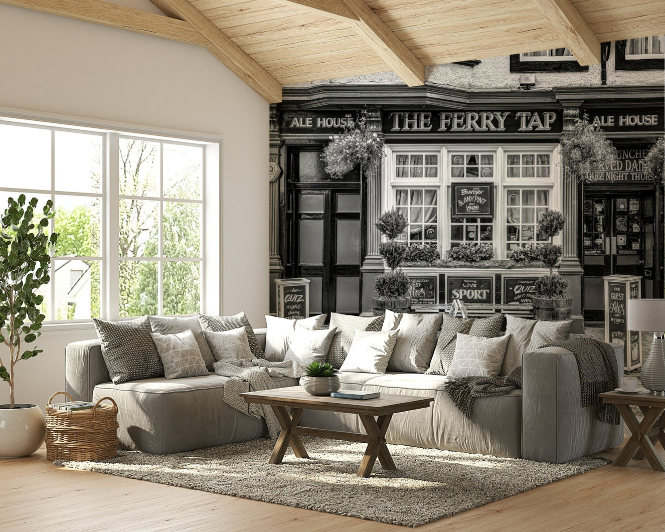 A peaceful wall mural of a cafe or pub storefront in South Queensferry.

