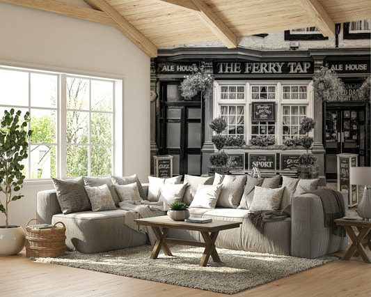 A peaceful wall mural of a cafe or pub storefront in South Queensferry.

