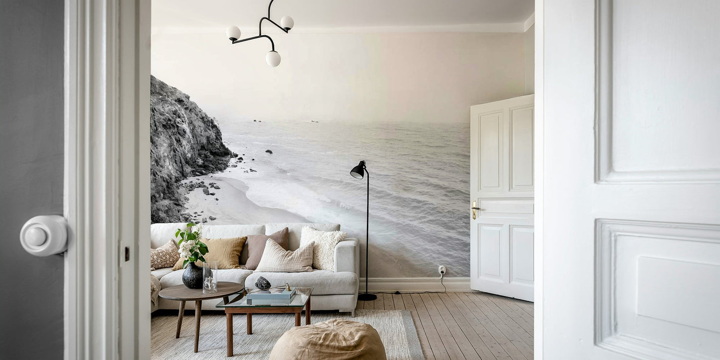 Scenic BW California coastal mural for modern interiors.

