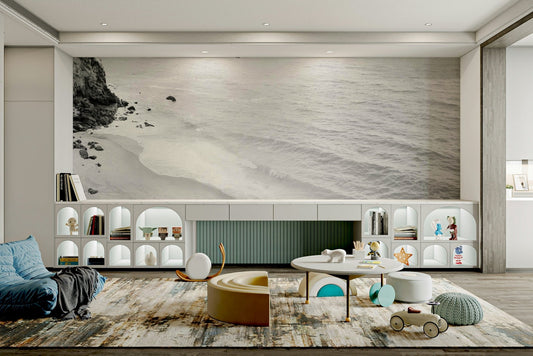 California Coast BW wall mural capturing serene waves.

